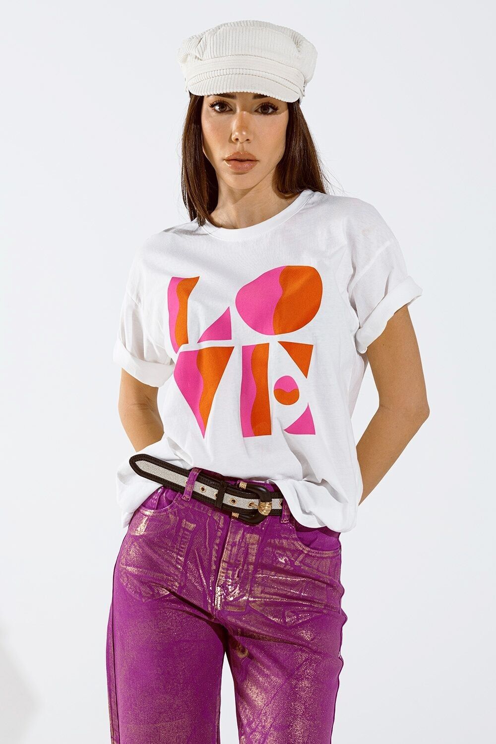 T-shirt con stampa digitale art deco LOVE in bianco