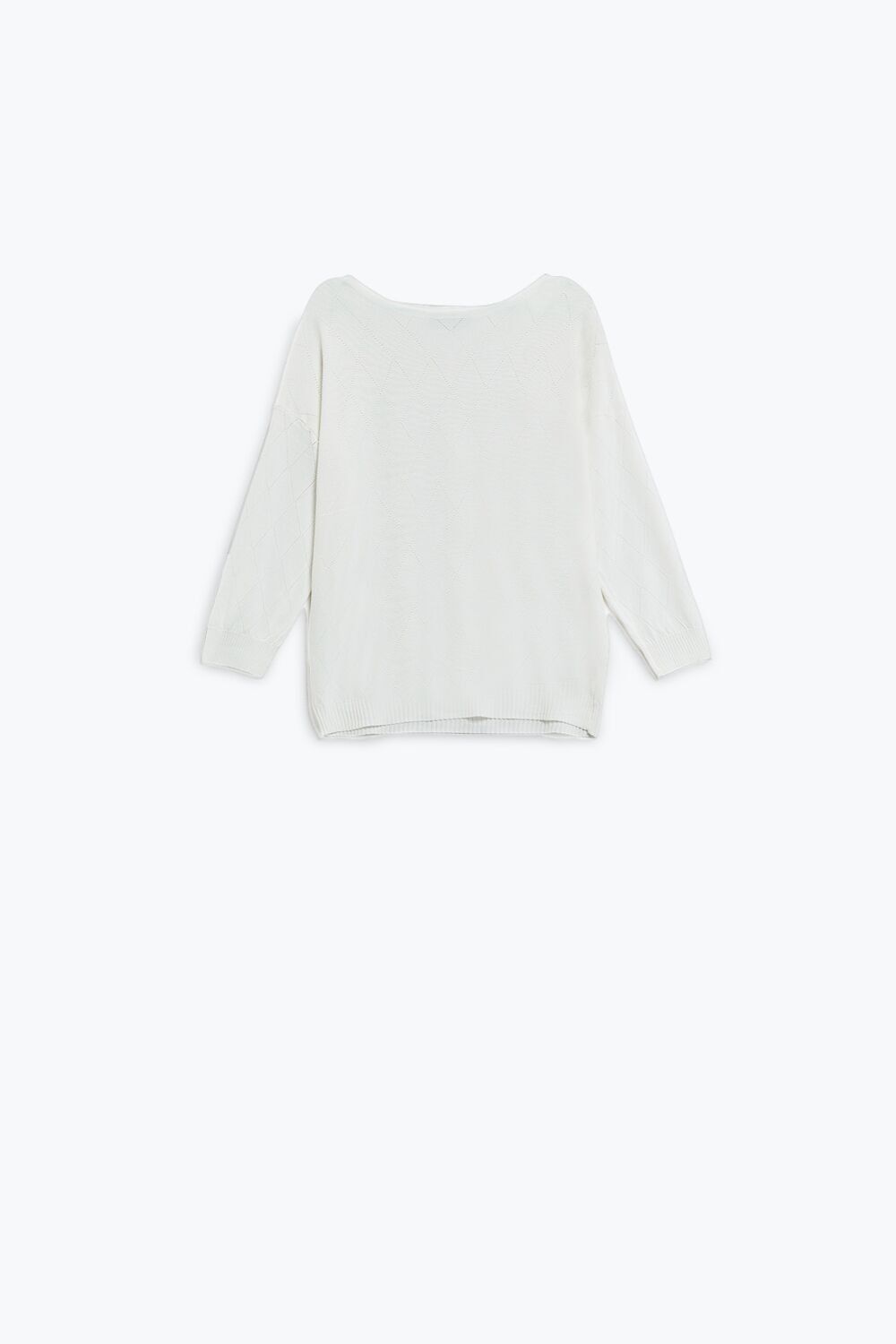 Maglione bianco con stampa a rombi e scollo a barca