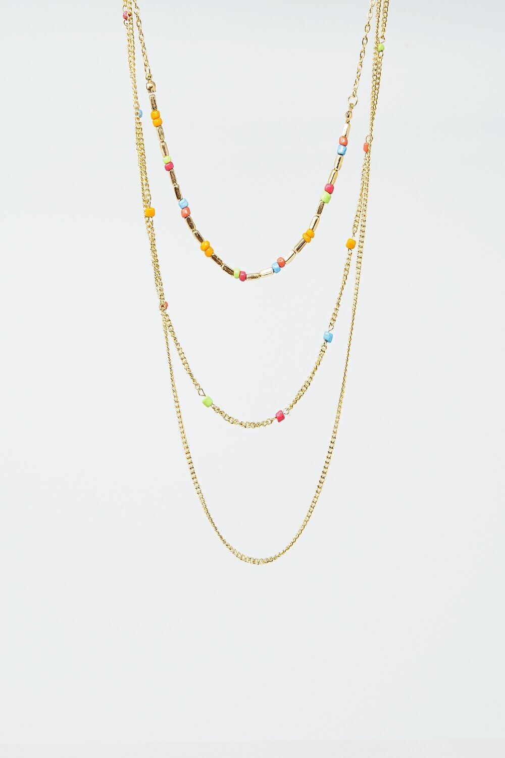 3 in 1 Necklace With Rainbow Beads and Thin Gold Chain