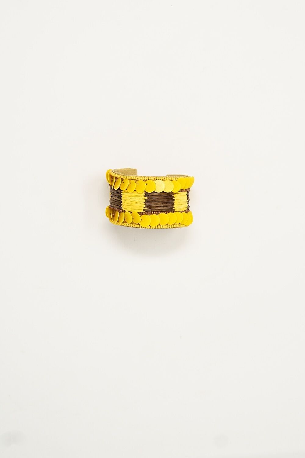 Yellow and Brown Thick Open Bracelet Wtih Yellow Bead Accents
