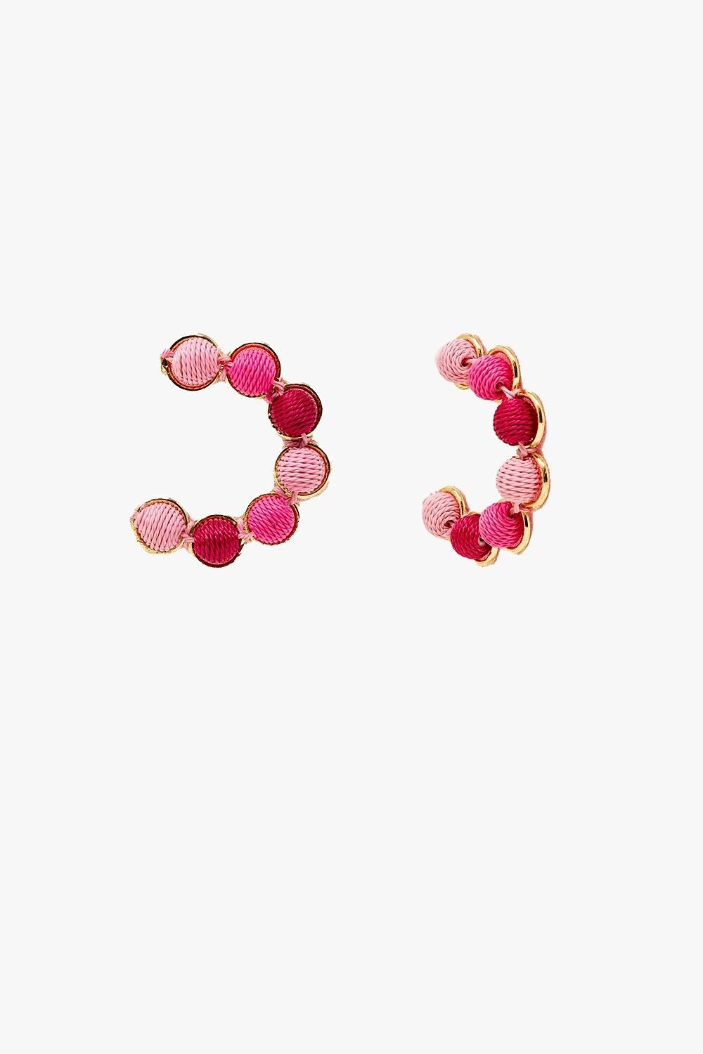 Gold Hoop Earring With Woolen Spheres in Pink and Fuchsia