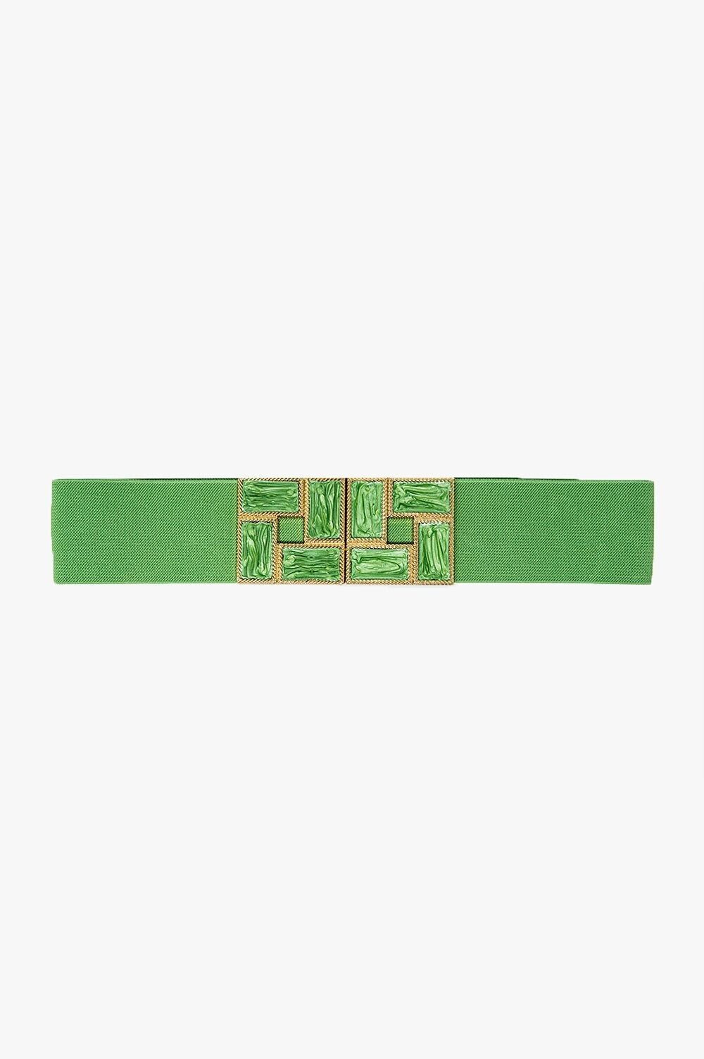 Green Elastic Belt With Squared Marbled Buckles And Gold Details