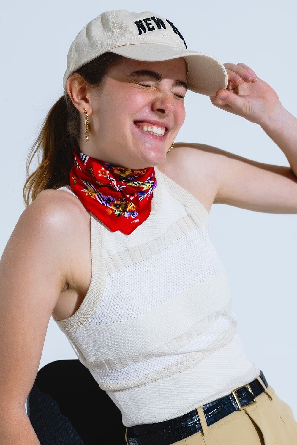 Beige Halter Tank top With Stripe Design In Different Knits