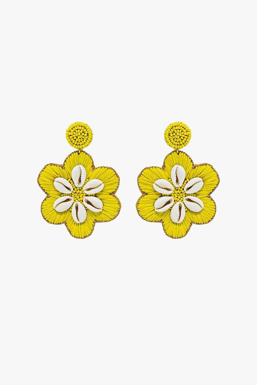 Maxi Embroidered Flower Rafia Earrings With Sea Shell Details in Lime