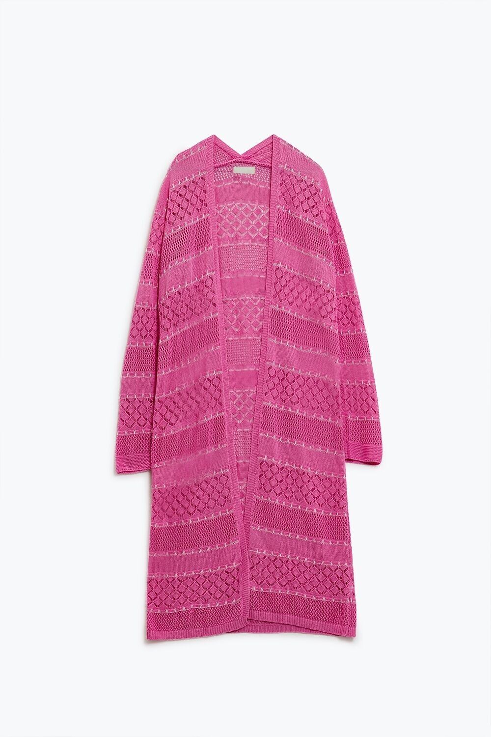 Pink Crochet Maxi Cardigan With Long Sleeves