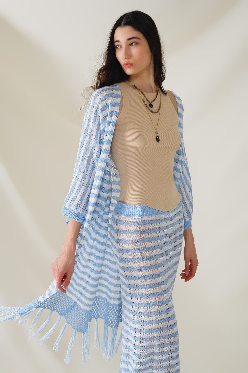 Cardigan blu in stile boho con strisce in maglia pointelle e dettagli con frange