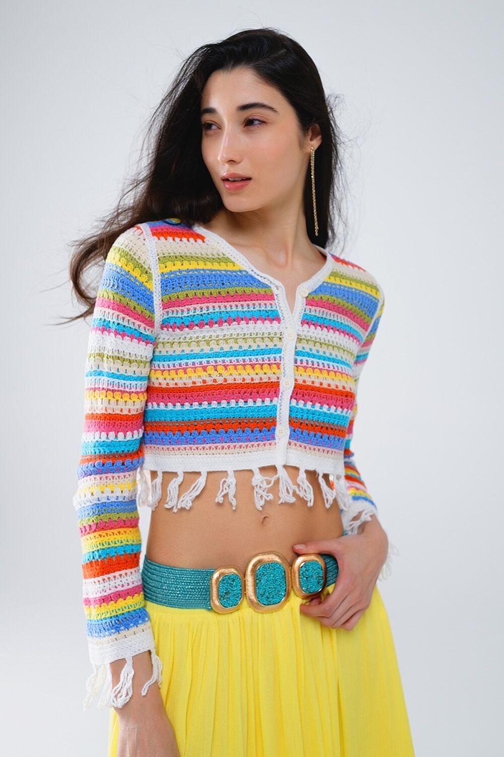 Cardigan corto all'uncinetto a righe multicolori