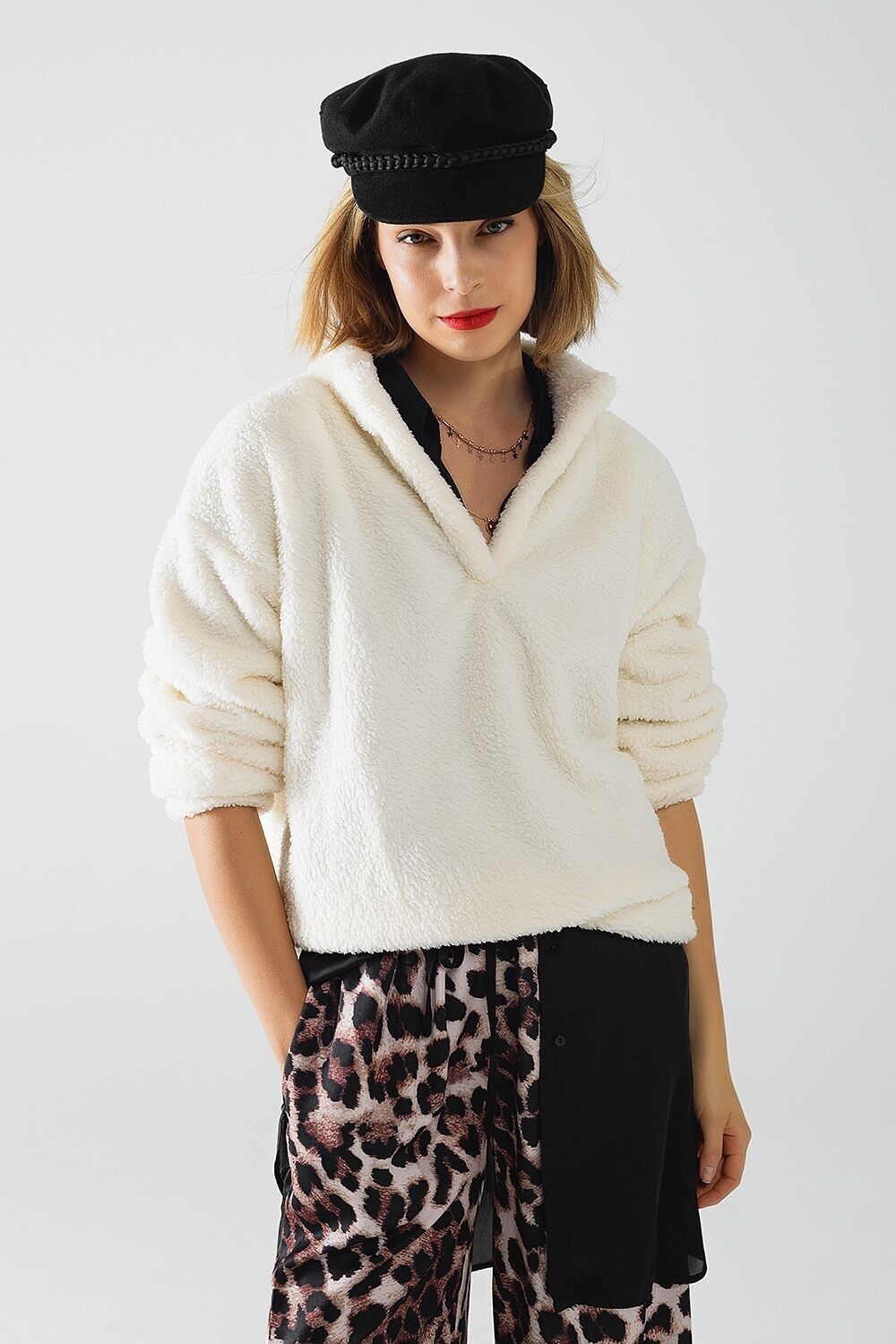 ecru fluffy v-neck sweater