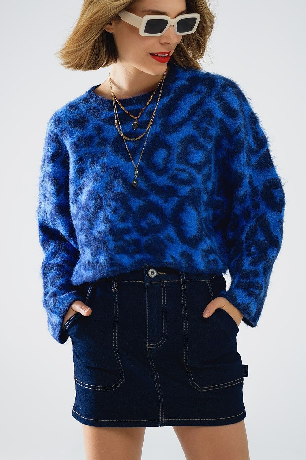 Maglione con stampa leopardata blu in tessuto lavorato a maglia con lana