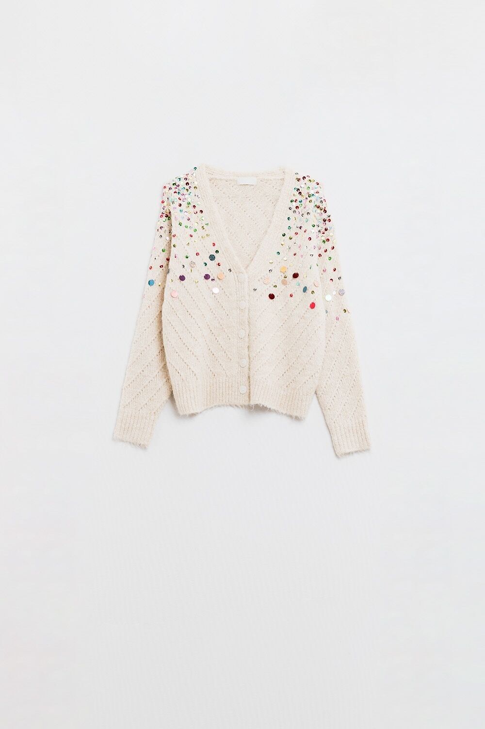 Cardigan con scollo a V con paillettes multicolori ricamate in beige
