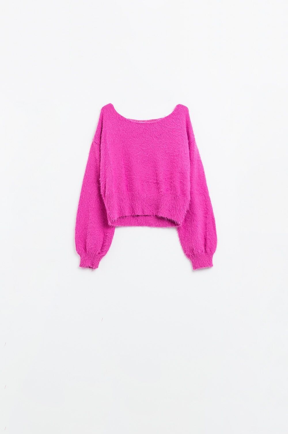 maglione corto e soffice in fucsia aderente in vita