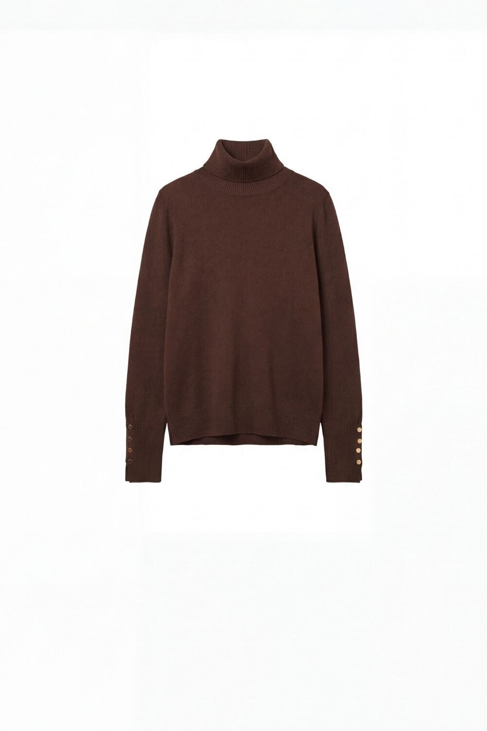 Maglione dolcevita marrone con bottoni dorati sul polsino