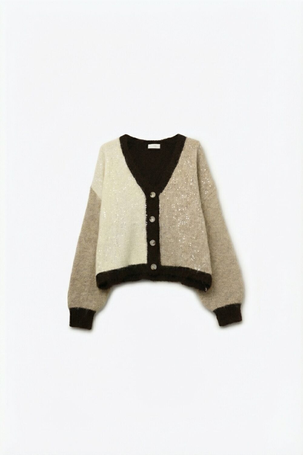 Cardigan con scollo a V e paillettes color-block nei colori beige e marrone
