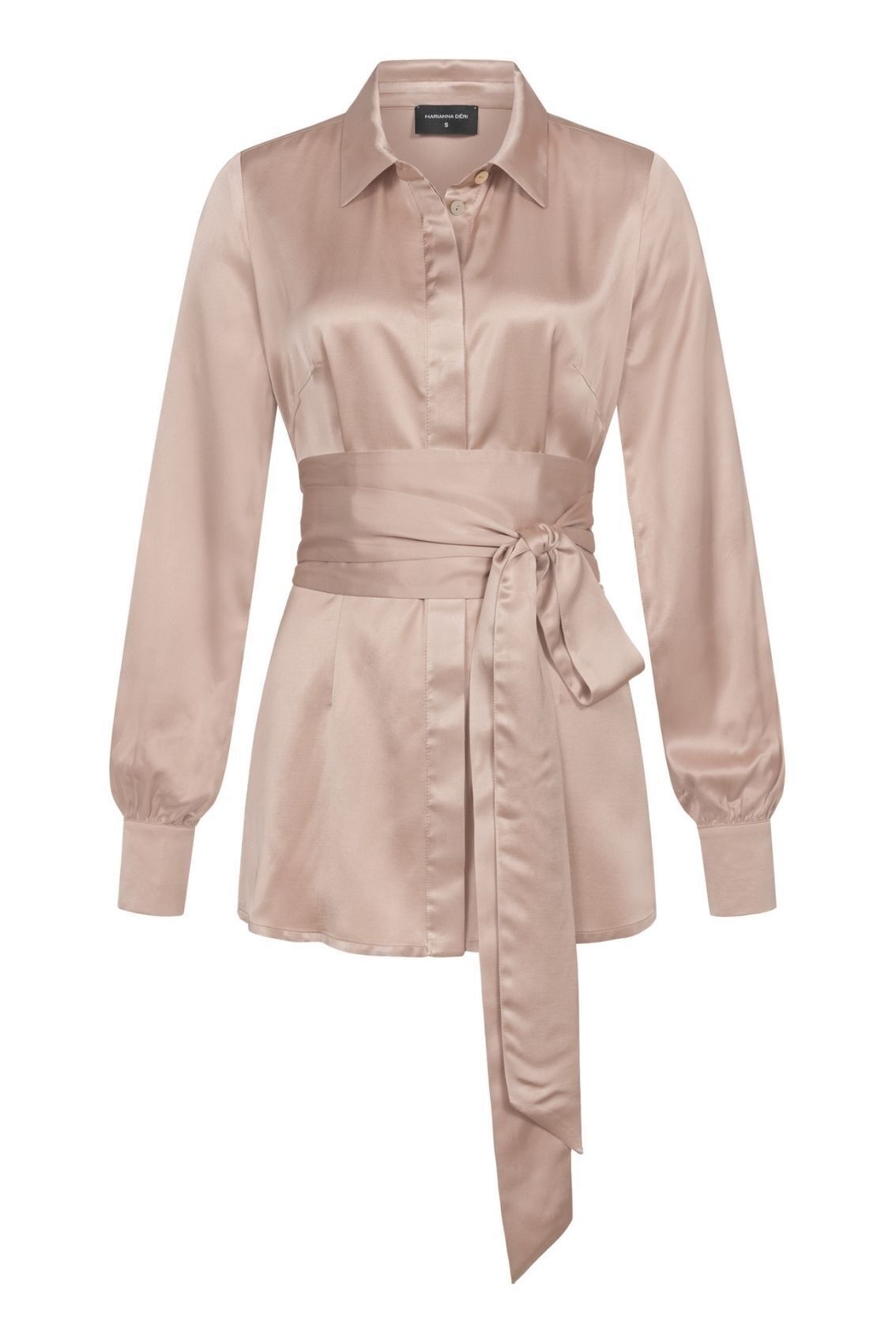 Blusa de satén con cinturón, color beige