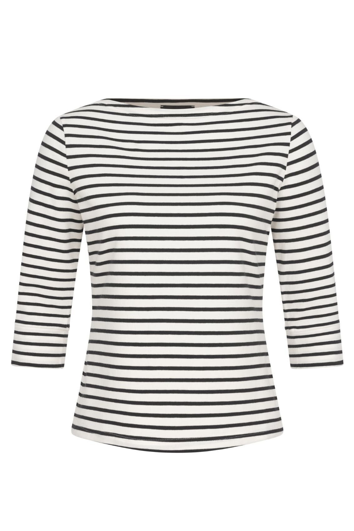 Top con escote barco, rayas negras y crema