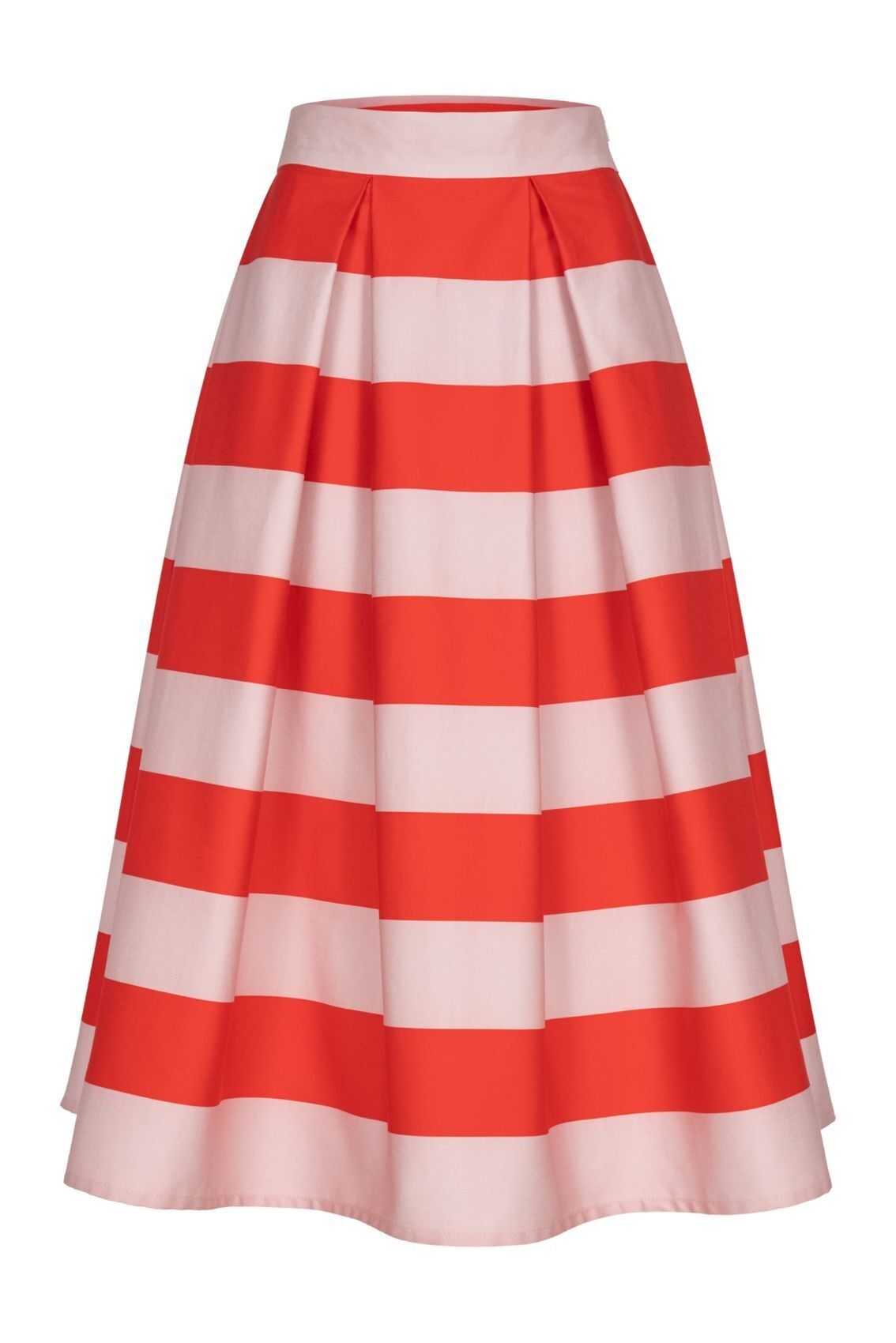 Falda midi de rayas rojas y rosas