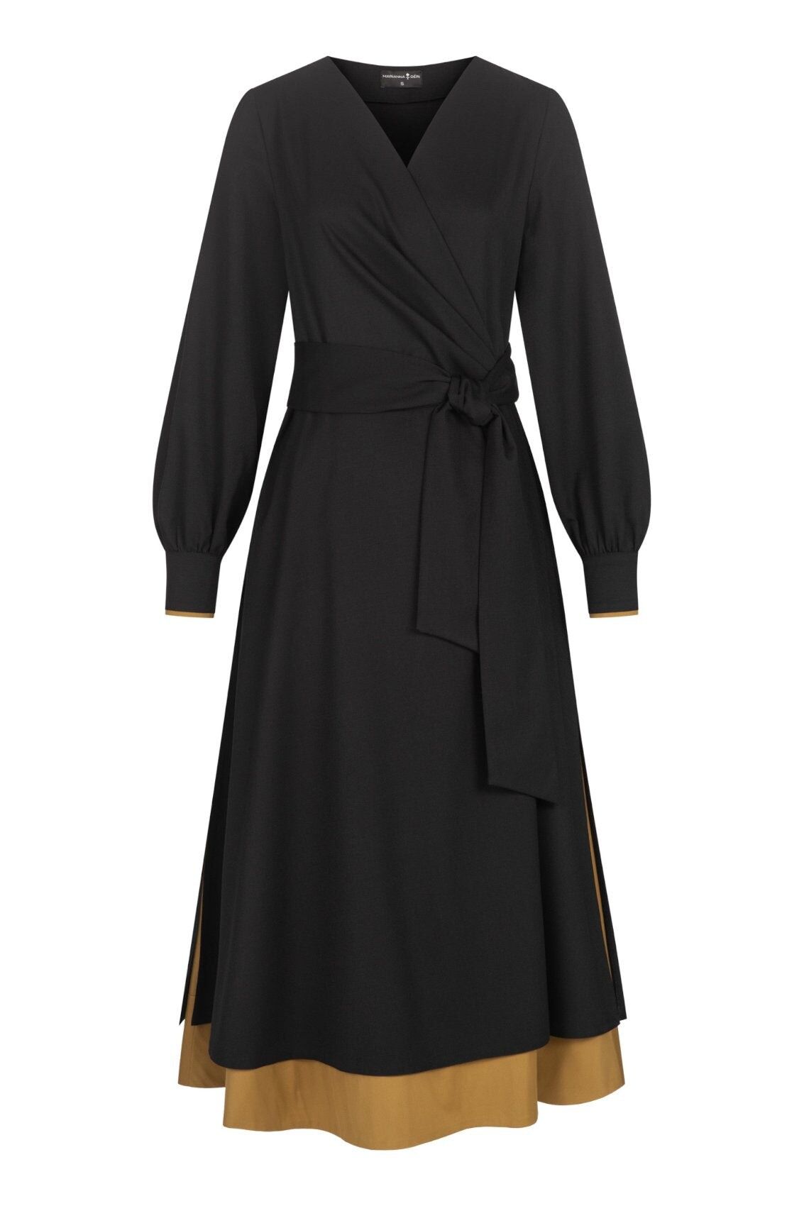 Vestido cruzado negro y amarillo azafrán