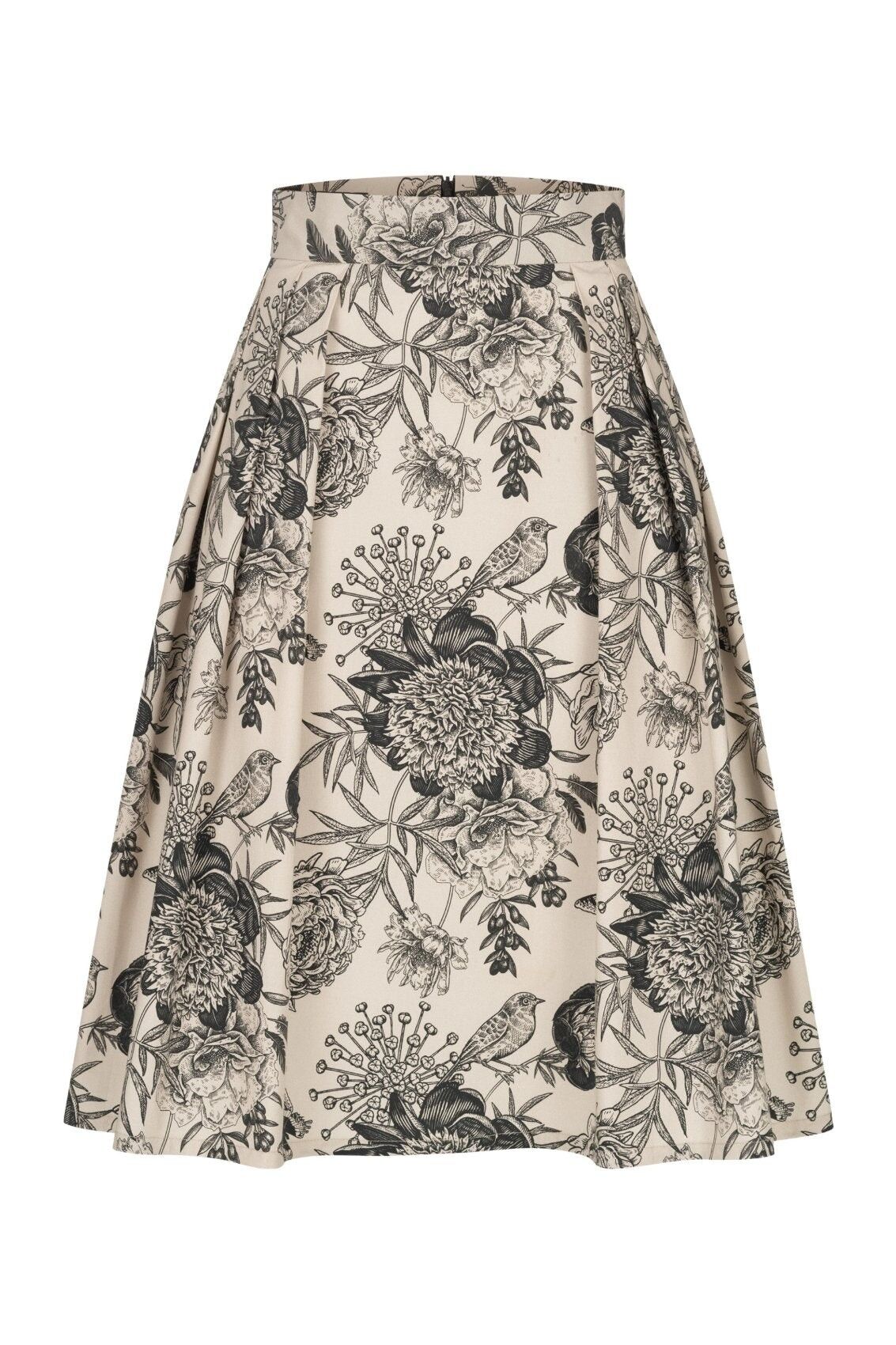 Gonna con stampa floreale e uccelli