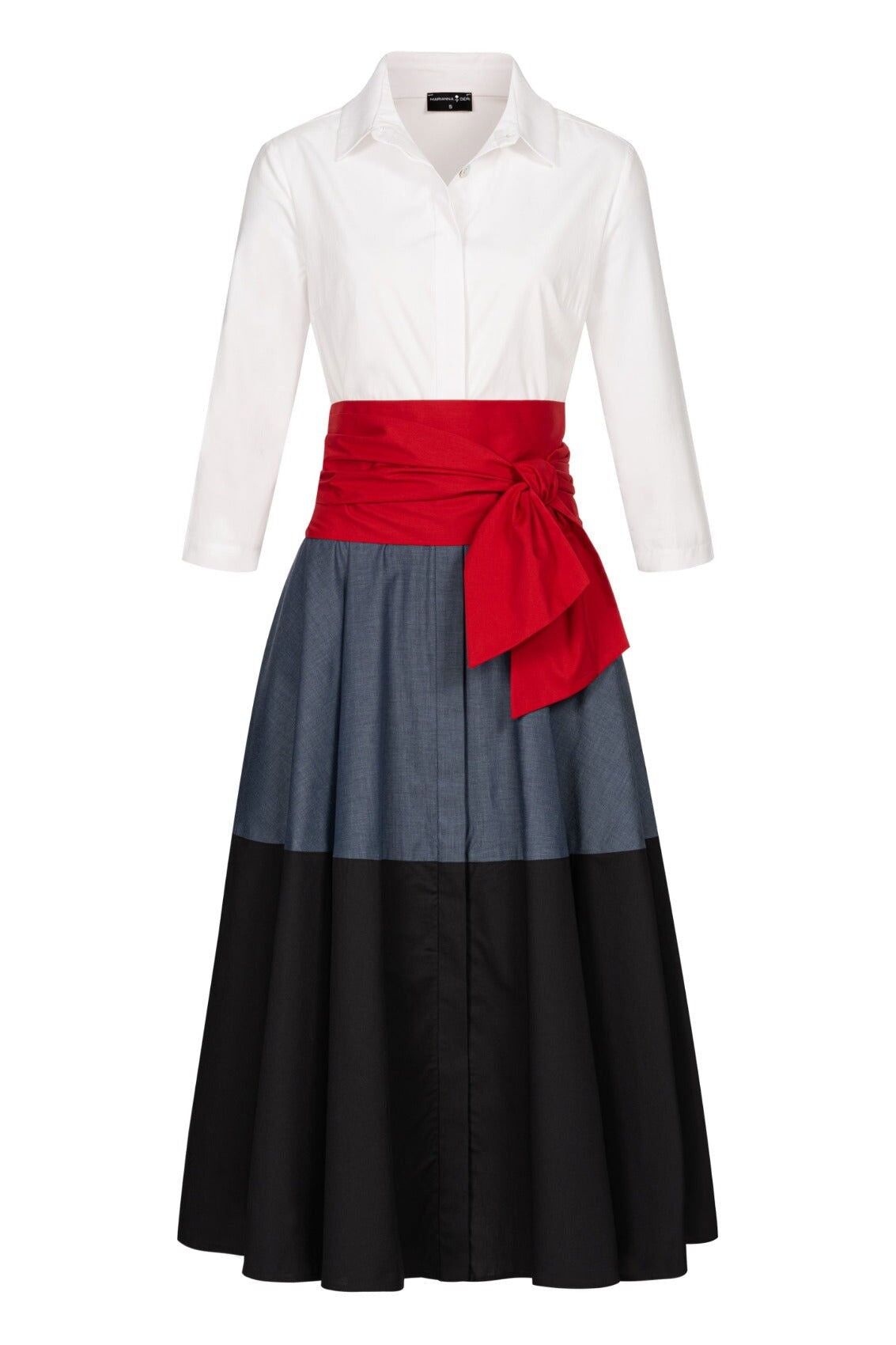 Vestido blusa con cinturón de lazo, color block azul-negro