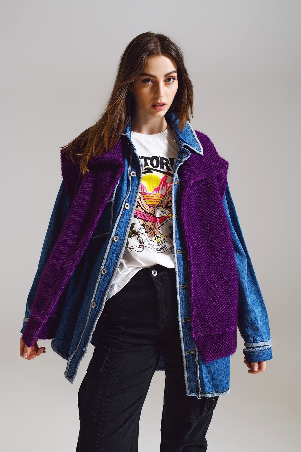 Offene Weste mit Fischgrätenmuster und Schalkragen in Lila