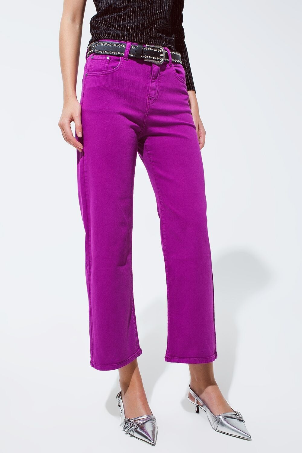 Kurze Jeans mit weitem Bein in Violett, 3/4-Länge