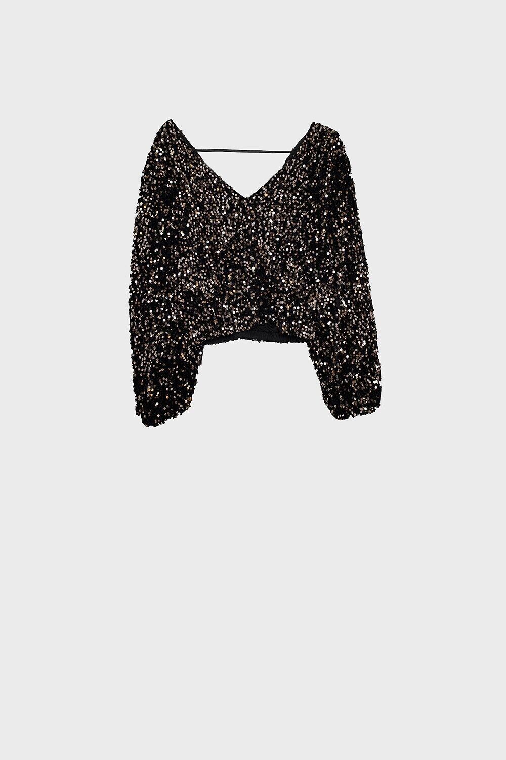 Top oversize con maniche a palloncino e paillettes