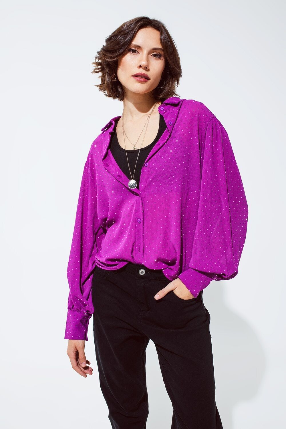 Blusa magenta con dettaglio strass