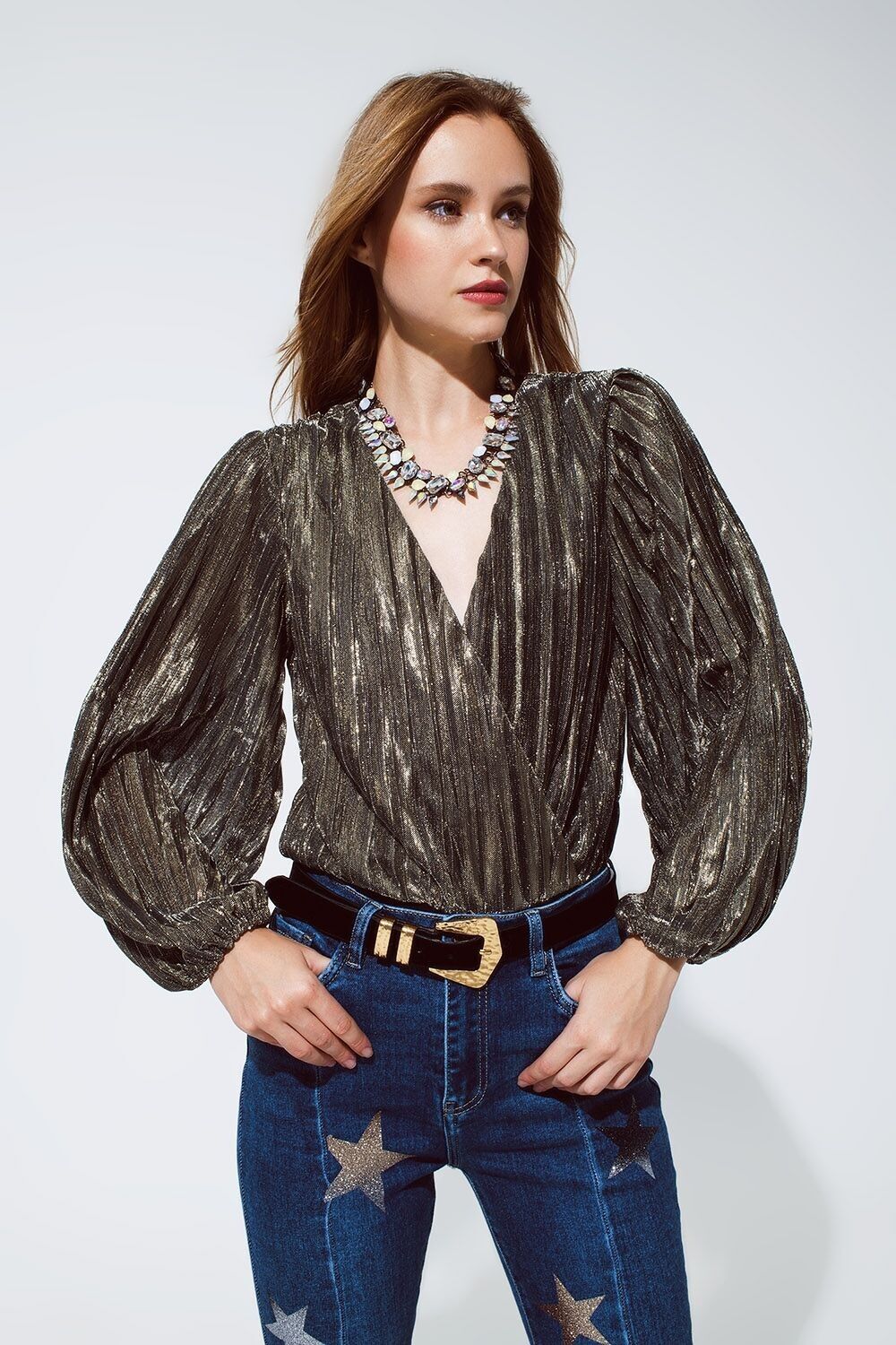 Body glitterato lucido con profondo scollo a V in oro