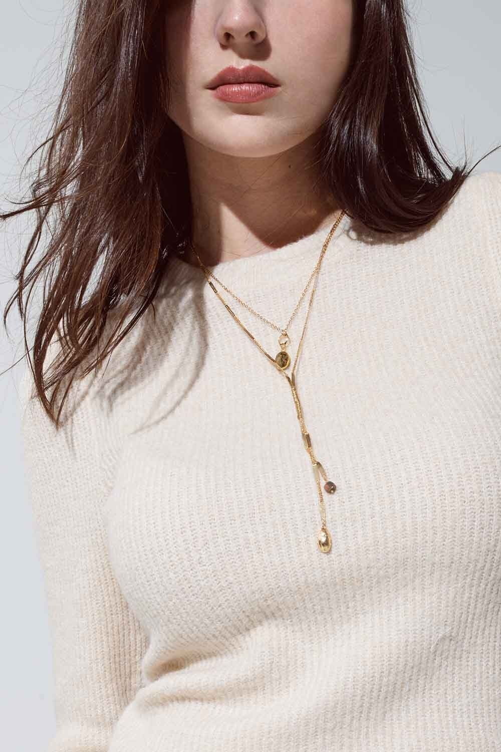 Collar Largo 2 en 1 Dorado con Piedras Verdes y Doradas