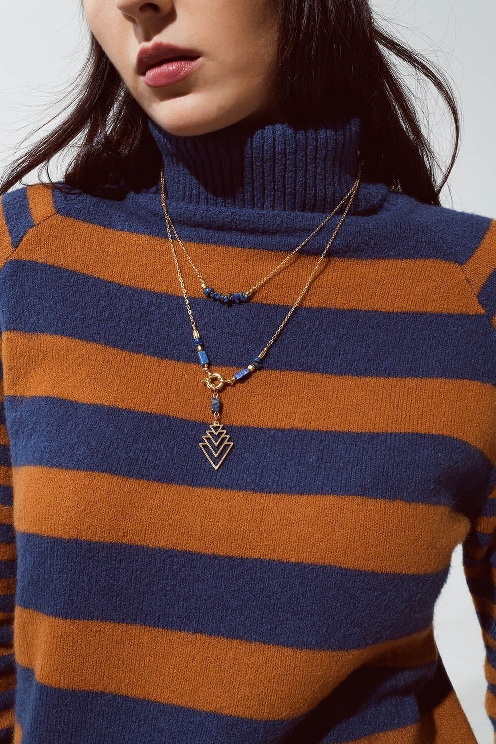 Collar Largo 2 en 1 de Oro con Cuentas Azules