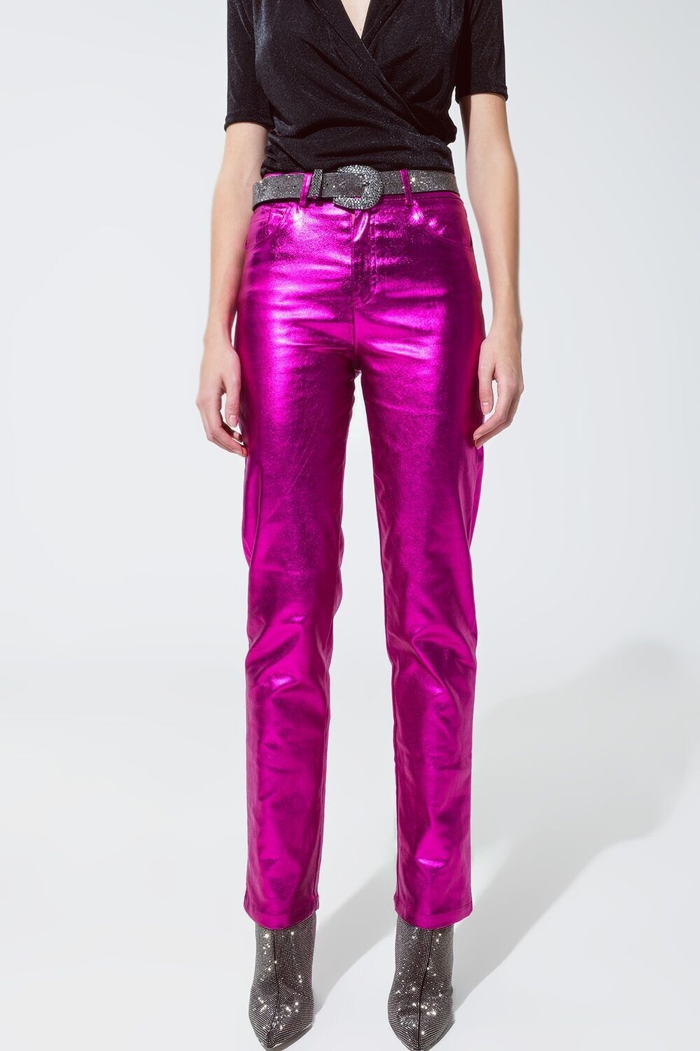 Gerade geschnittene Metallic-Hose in Fuchsia