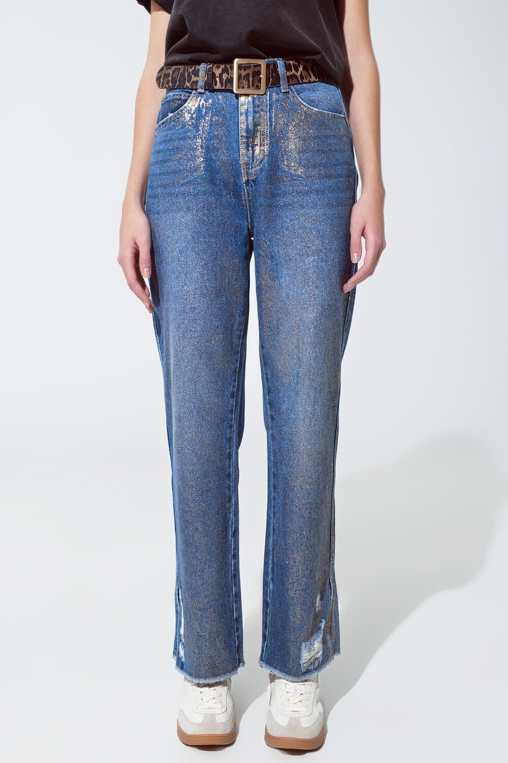 Zerrissene Jeans mit geradem Bein und goldenem Metallic-Glanz