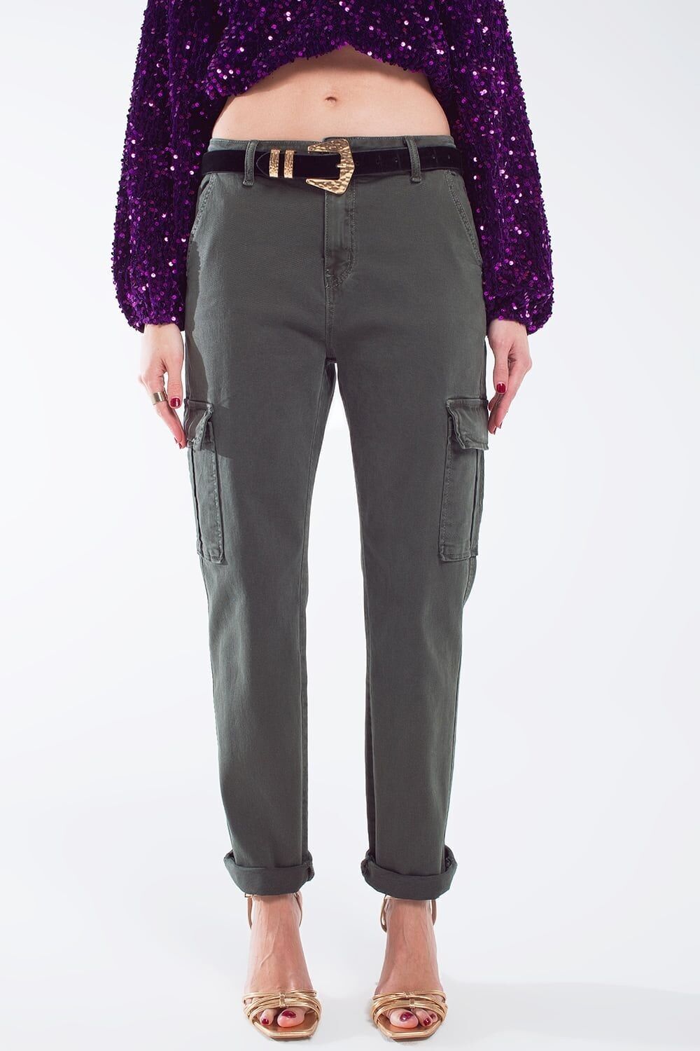 Pantaloni cargo comodi in verde scuro militare