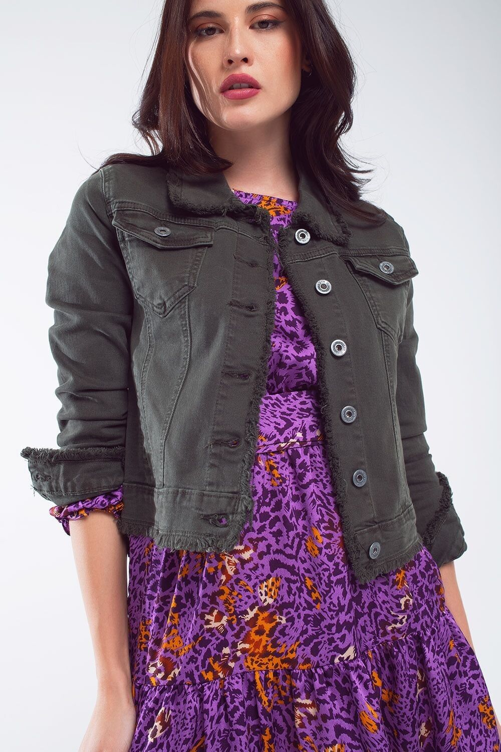 Giacca in denim taglio vivo in verde militare