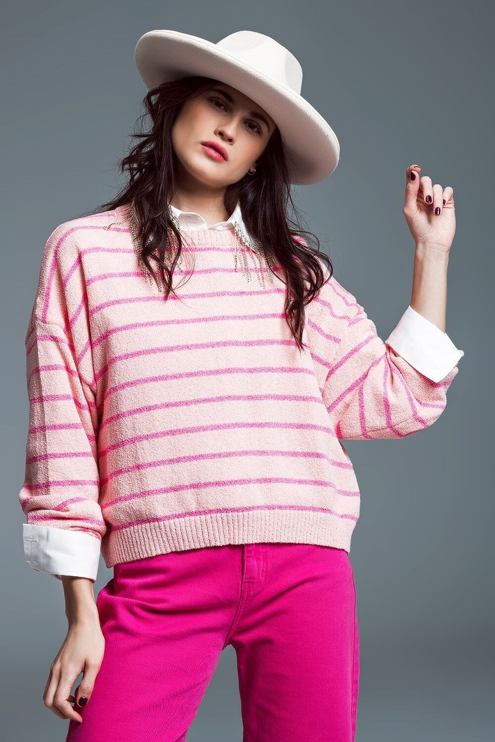 Maglia Con Spalle scese con righe Fucsia
