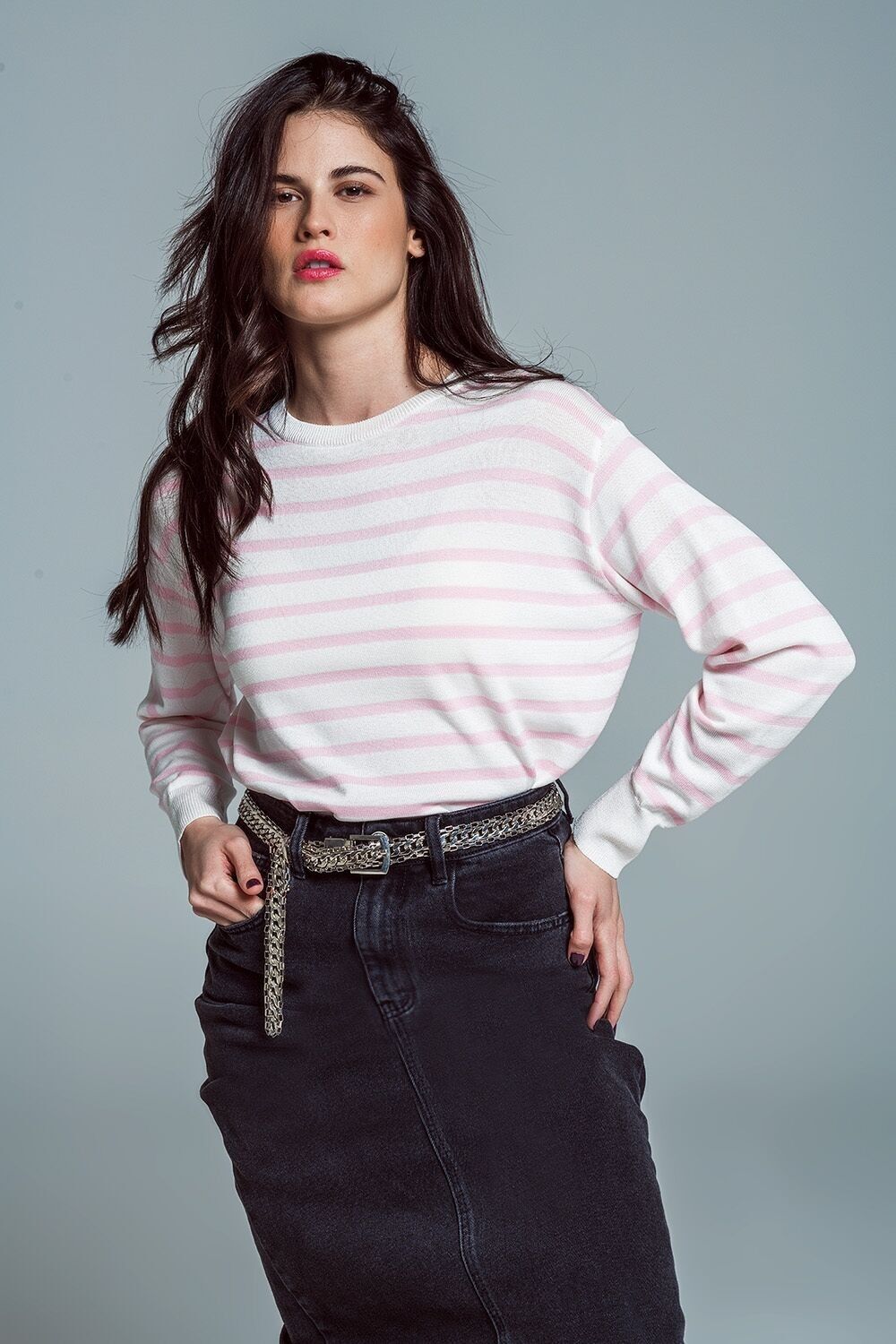 Crew Neck Basic Stripe Sweater in pink