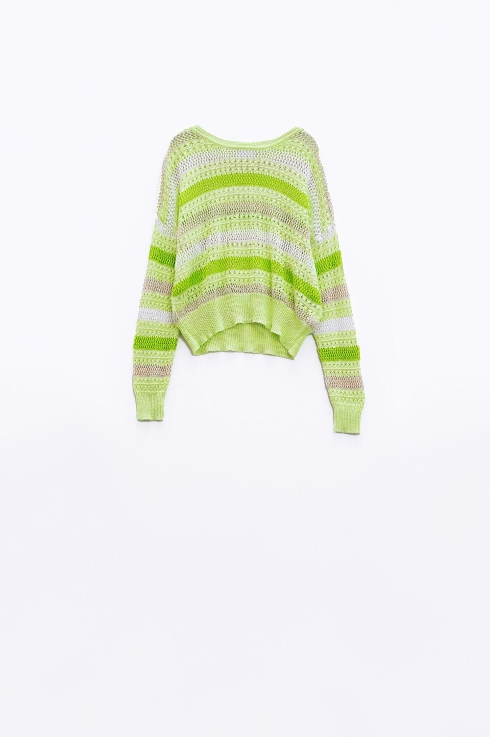 Langärmliger, heller, mehrfarbiger Pullover mit U-Boot-Ausschnitt