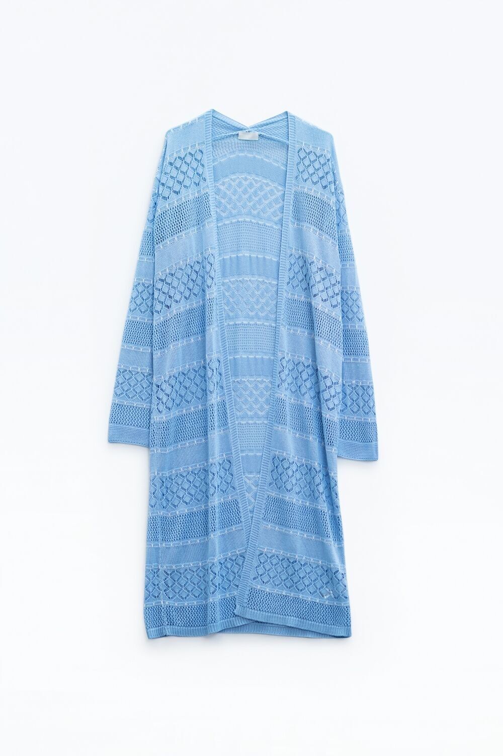 Maxi cardigan all'uncinetto azzurro con maniche lunghe