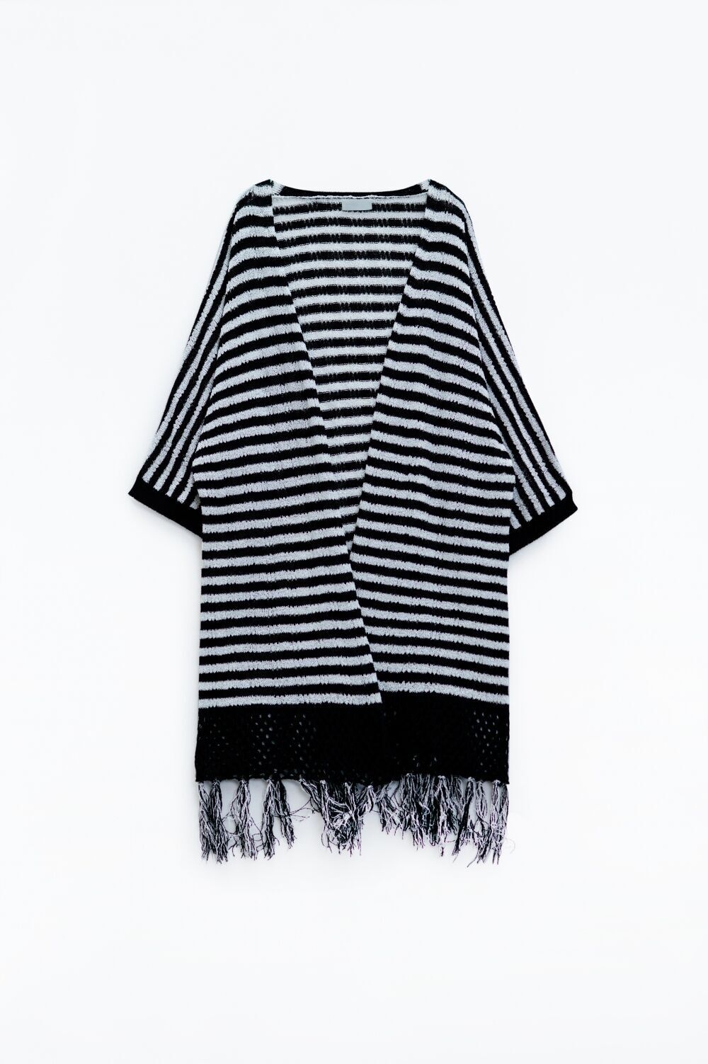 Cardigan nero in stile boho con strisce in maglia pointelle e dettagli con frange