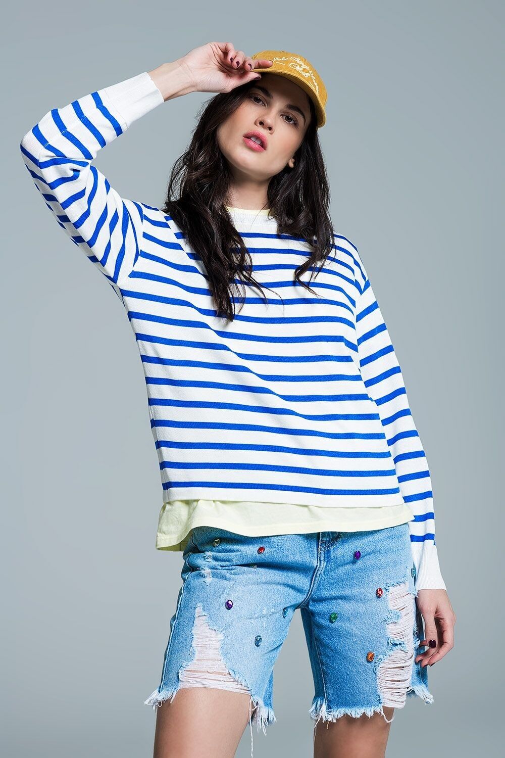 Crew Neck Basic Stripe Sweater in blue