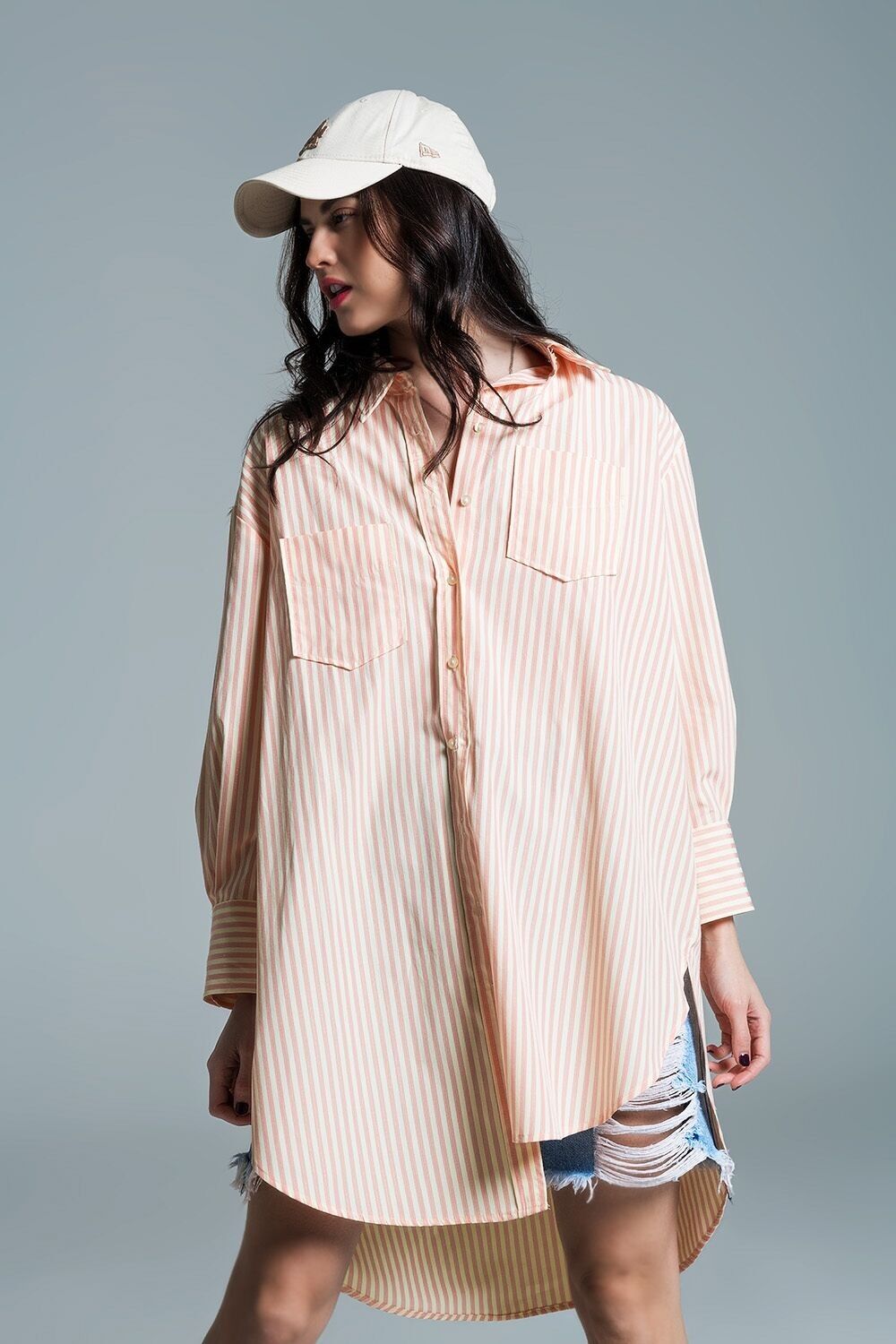 Blusa oversize arancione chiaro con righe bianche