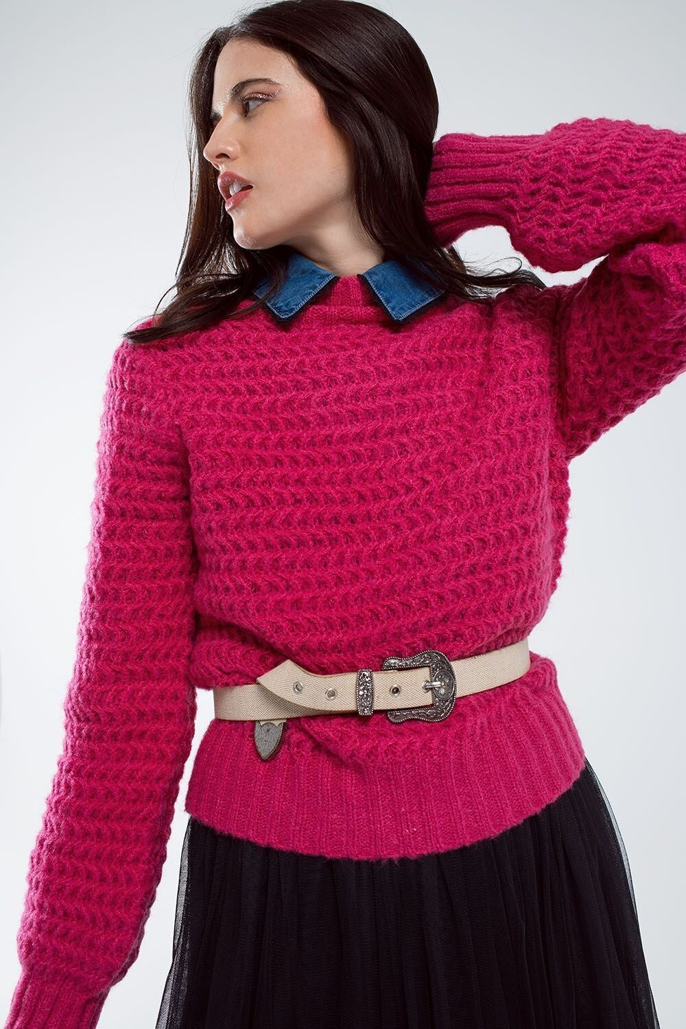 Maglione comodo in maglia a nido d'ape con collo alto in rosso