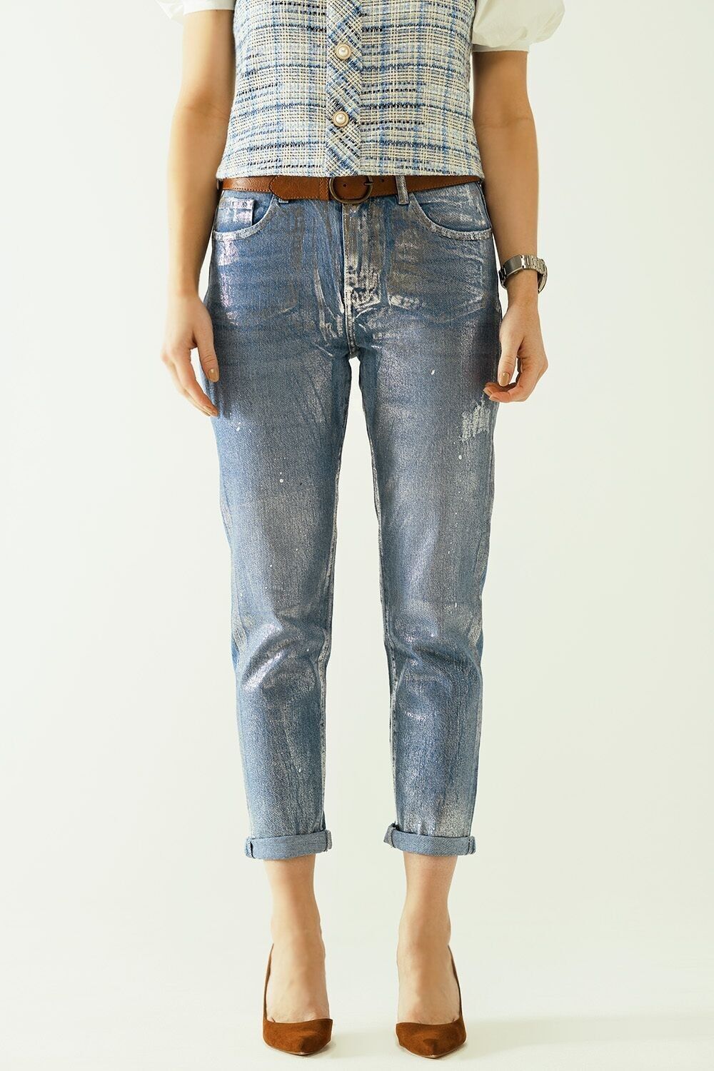 jeans blu skinny con finitura metallizzata in lavaggio chiaro