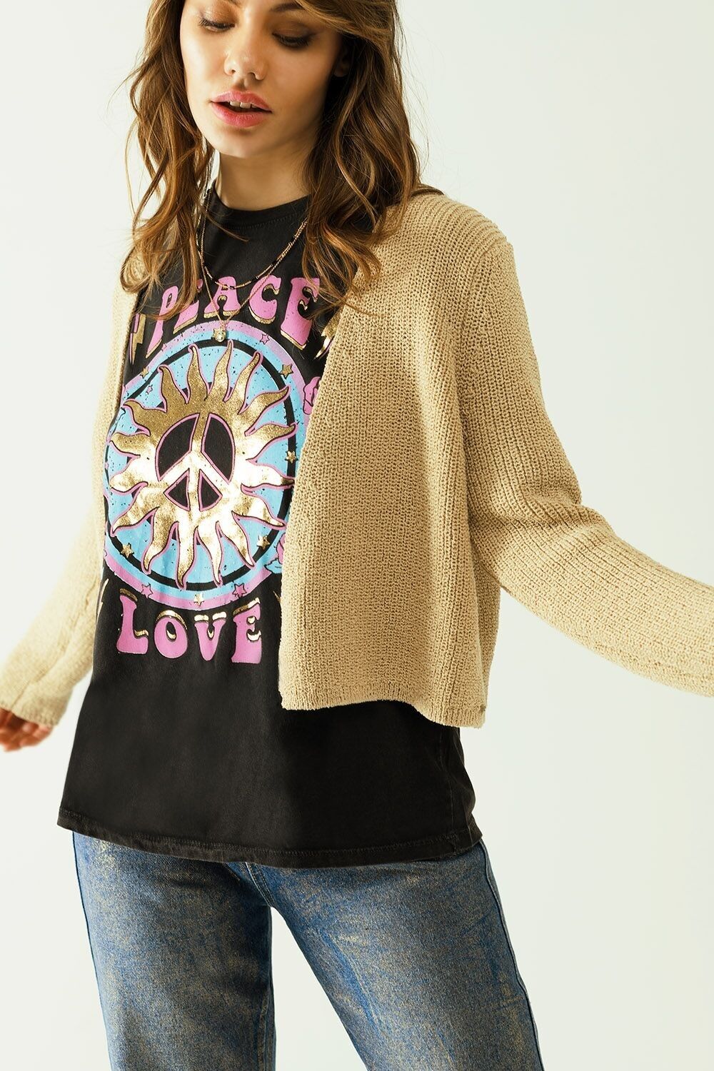 Cardigan corto aperto in maglia beige con maniche lunghe