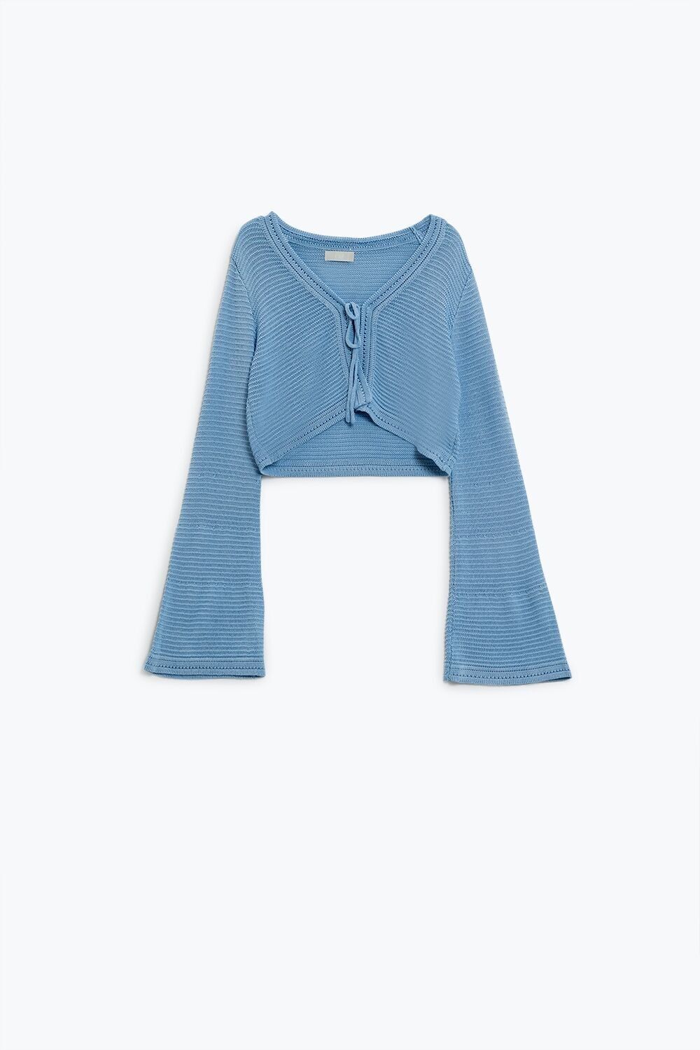Cardigan lungo lavorato a maglia con maniche a campana in blu con dettaglio nodo