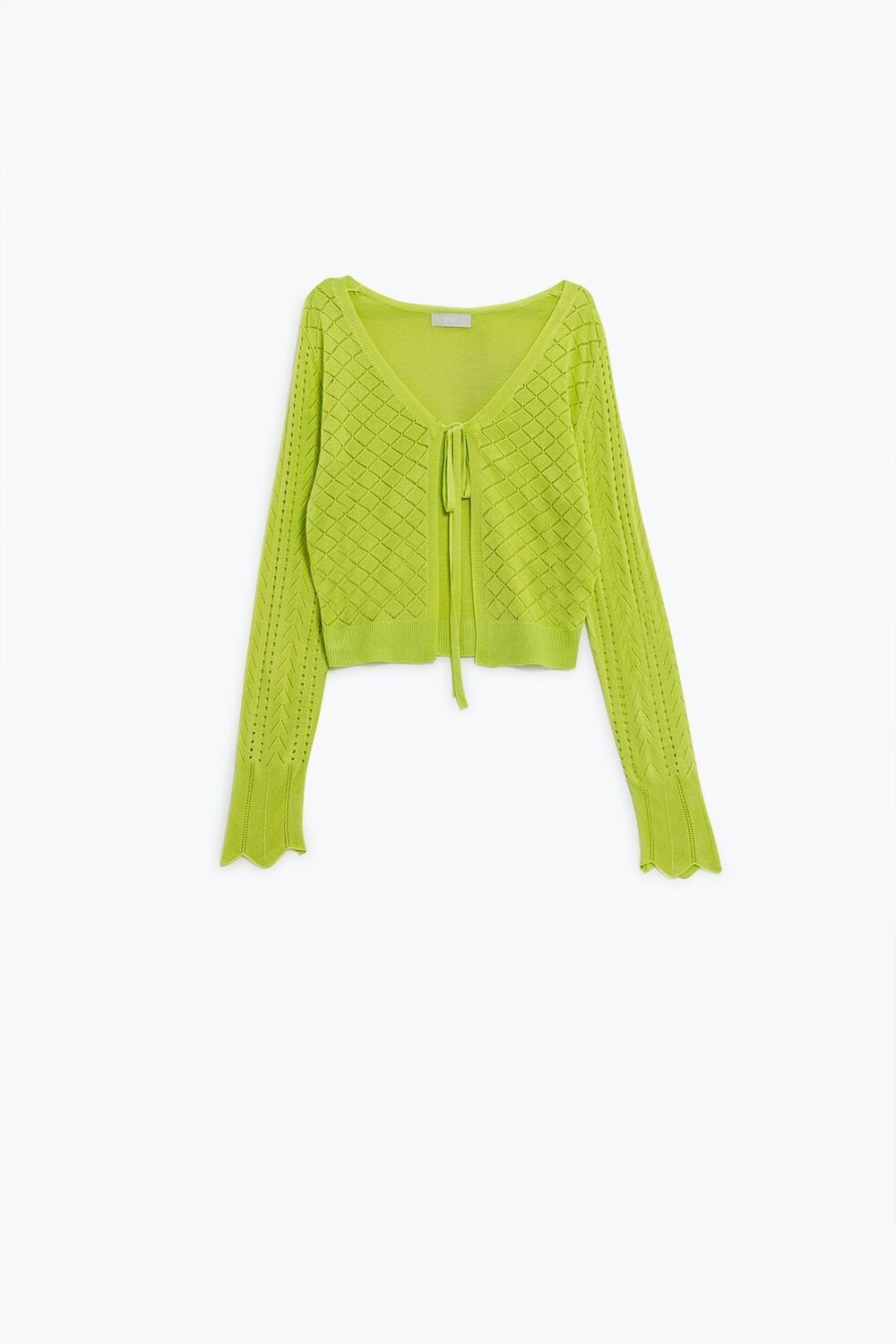Cardigan lime con stampa a rombi e chiusura con fiocco