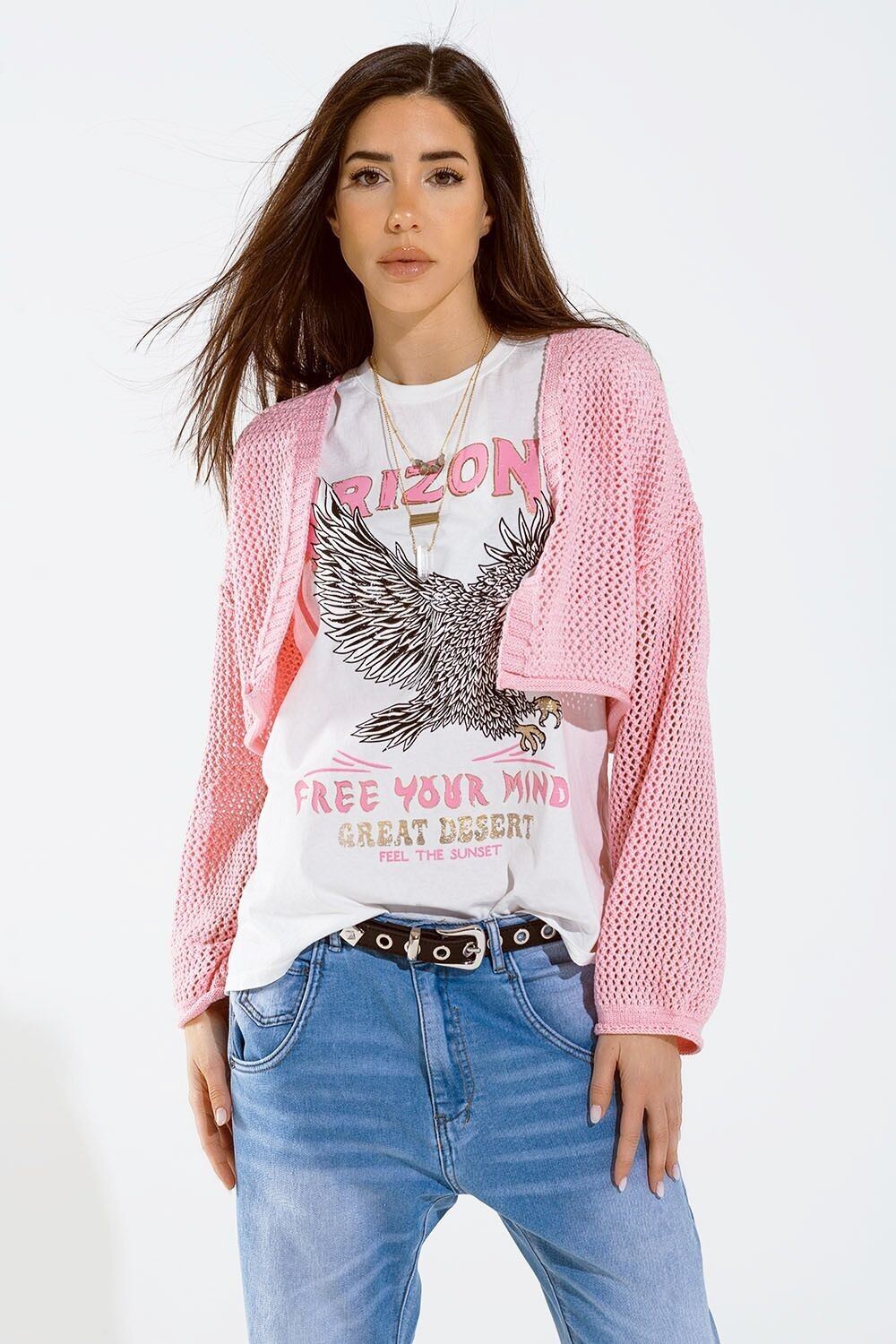 Cardigan corto basic all'uncinetto in rosa confetto