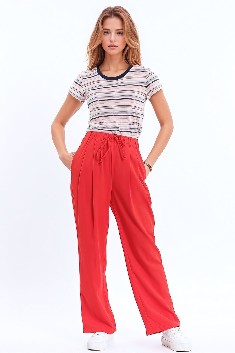 Pantaloni In Corallo Con Tasche Frontali E Chiusura Con Coulisse
