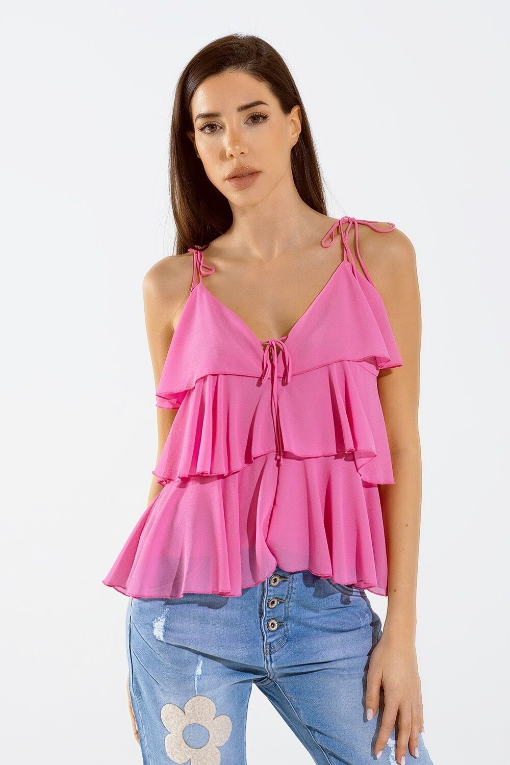 Top con Volant e Spalline Sottili in Fucsia