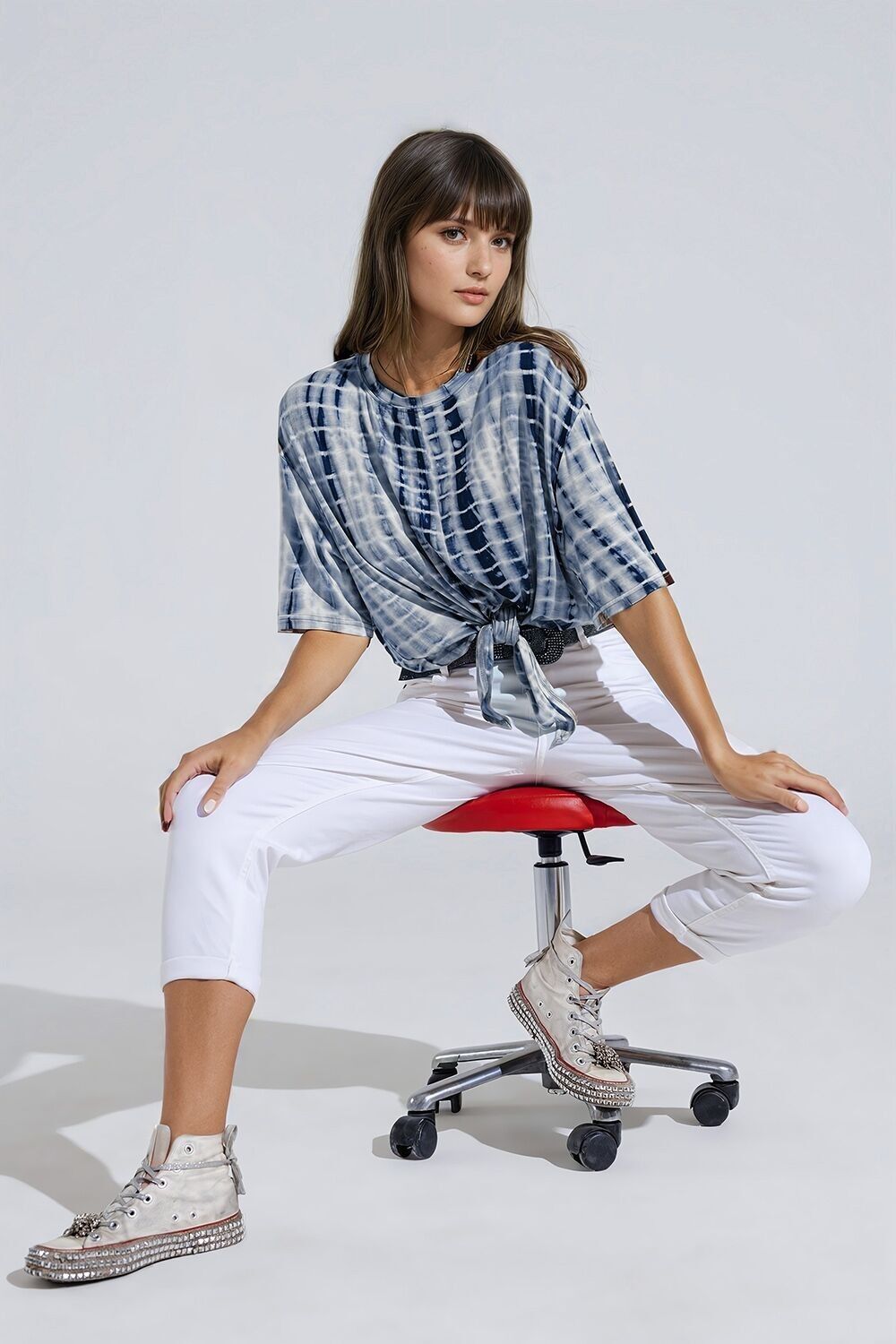 Blue Tie Dye printed t-shirt with knot on the front